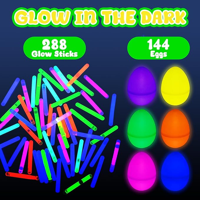 MGparty Glow in The Dark Easter Egg Hunt Set - 144 Fillable Plastic Eggs with 288 Mini Glow Sticks for Kids - Easter Basket Stuffers, Party Favors, Classroom Prizes, and Game Supplies