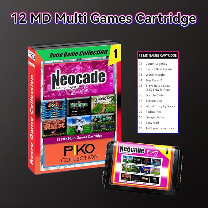 Retro Game Console 12 MD Games Cartridge Portable 18 Built-in PIKO Classical Licensed Games Plug and Play Video Games for TV, Gifts for Boys Girls Adults