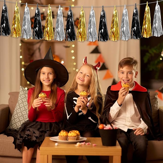 4P Black Gold Silver Foil Fringe Tassel Garland Banner Metallic Tinsel Streamers Wall Hanging Curtain Backdrop Banner for Parade Floats, 2025 Graduation Decorations,New Years Decorations, Father' Day
