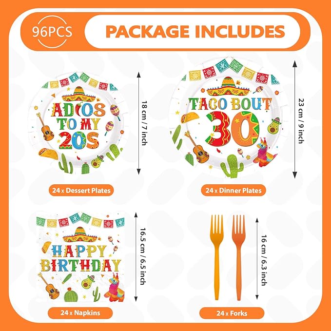 96Pcs Taco 30th Birthday Party Supplies Mexican Fiesta Adios To My 20s Plates and Napkins Disposable Mexican Tableware Sets for Adults Cinco De Mayo 30 Years Old Birthday Decorations,Serves 24