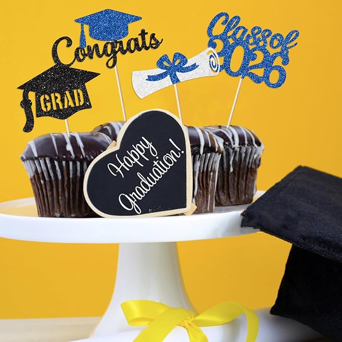 Blue Graduation Cupcake Toppers Decorations Class of 2026 Cupcake Topper Graduation Cup Cake Picks Congrats Grad Party Decor Supplies Set of 24