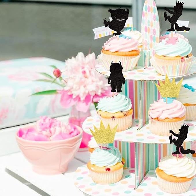 24 PCS Glitter Where The Wild Things Are Inspired Cupcake Toppers Wild one Crown Cupcake Picks Baby Shower Kids Birthday Party Cake Decorations Supplies
