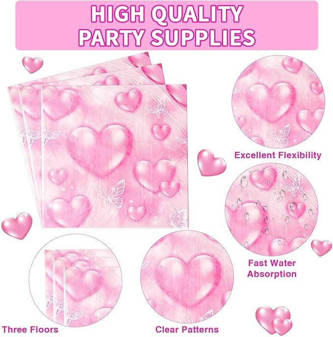 Grencian 96Pcs 2000s Party Decorations Pink Heart Plates and Napkins Disposable Y2k 90s Pink Heart Paper Tablewares Sets for Girls Women Birthday Wedding Y2K Bridal Shower Party Supplies, Serves 24
