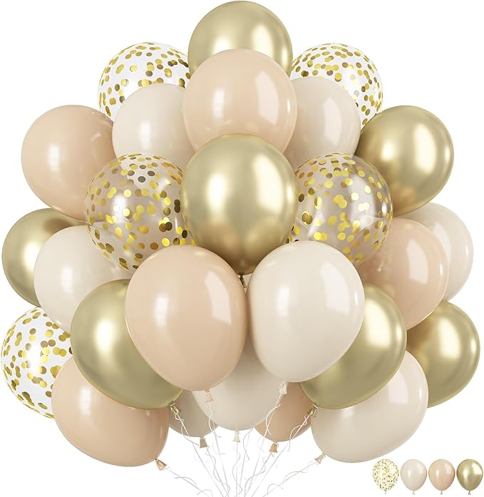 Sand White and Gold Confetti Balloons, 12 Inch Metallic Gold Beige Latex Balloons for Boho Birthday Wedding Bridal Baby Shower Engagement Anniversary