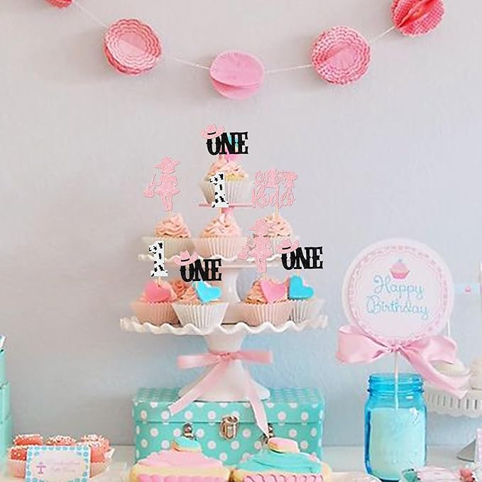 24 PCS Cowgirl 1st Birthday Cupcake Toppers Glitter My 1st Rodeo First Birthday Hat Cowgirl One Cupcake Picks for Western Theme Baby Shower Kids Girls 1st Birthday Party Cake Decorations Supplies