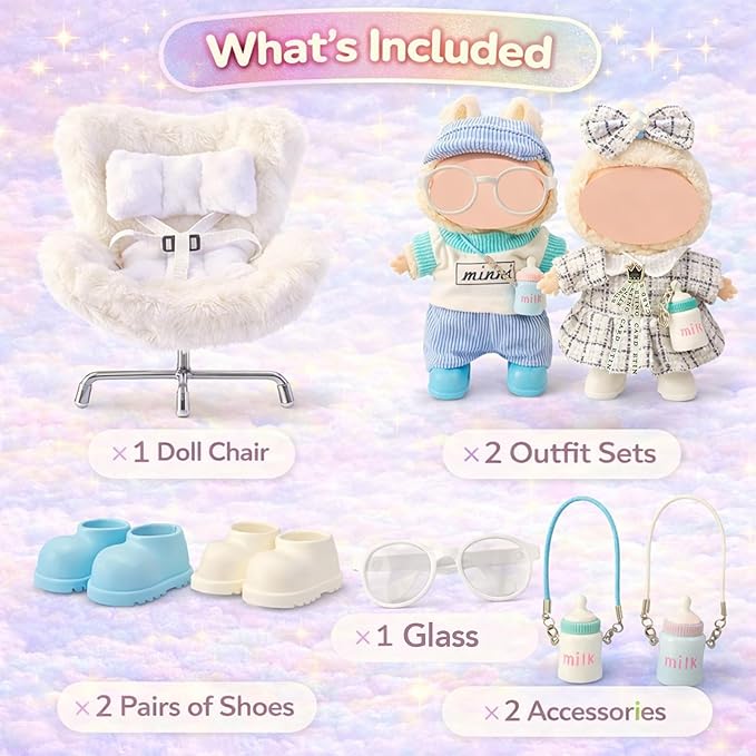 17cm Doll Car Seat and Clothes Set (No Dolls), Includes Doll Seat and 2-Pack Doll Clothes, Perfect for Play and Display, Doll Outfit Accessories for Collectors