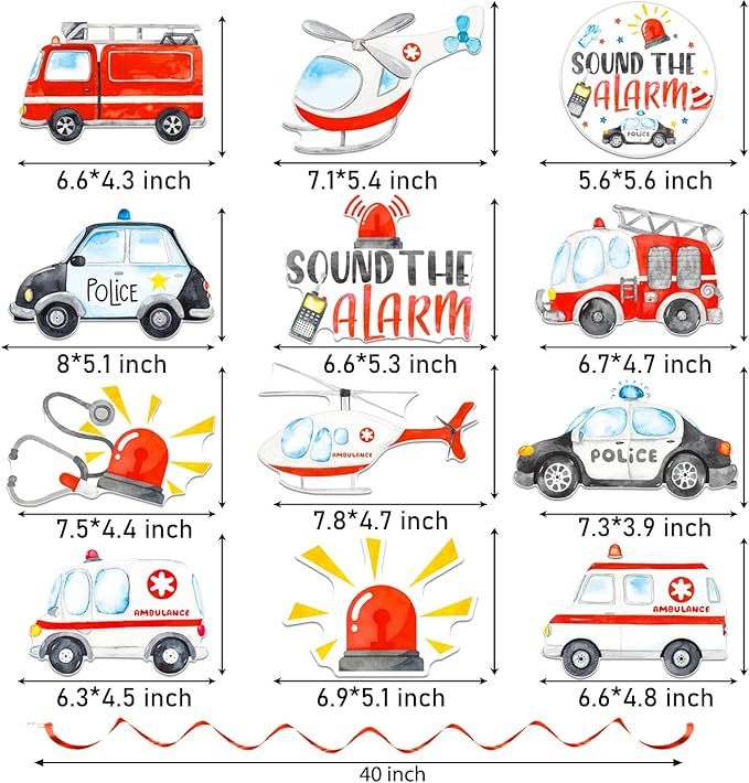 Emergency Vehicle Party Decorations 20PCS Rescue Vehicles Hanging Swirls Ambulance Firetruck Police Ceiling Streamers First Responders Birthday Baby Shower Wedding Party Supplies