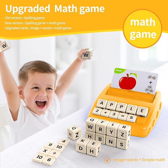 Educational Toys for Kids Ages 3-8, Matching Letter Spelling Game ABC Math Learning, Xmas Birthday Party Gifts for 3 4 5 6 7 8 Year Olds Boys and Girls Yellow