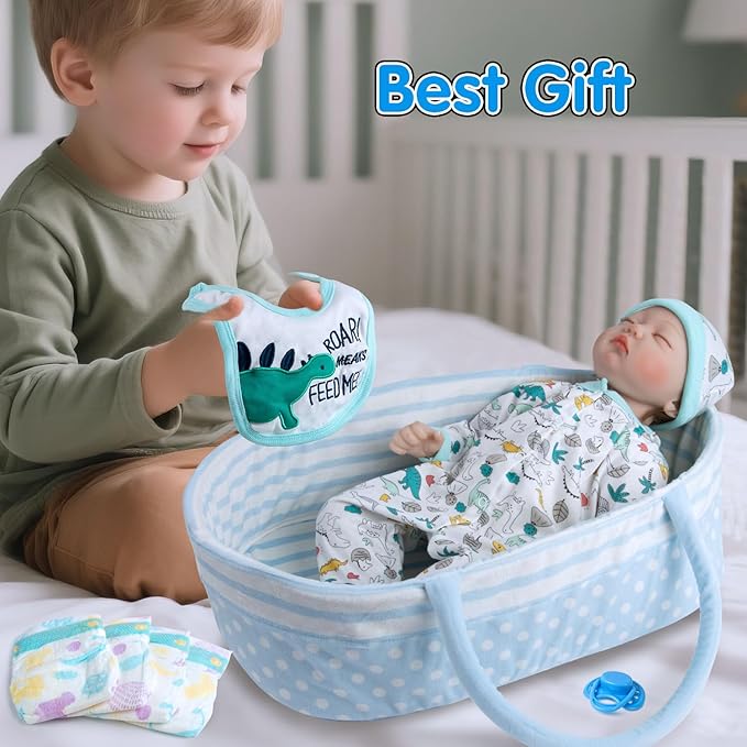 Reborn Baby Dolls Clothes Boy Blue Dinosaur Theme Accessories 13 Pcs Outfit Set for 17-22 Inch Newborn Baby Doll Boy with Blue Dot Bassinet