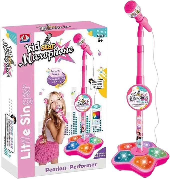 The All-in-One Microphone Toy, Portable Kids Karaoke Machine, Kids Microphones with Stand, with Flashing Stage Lights and Pedals, Guitar Toys for Fun Musical Effects (Pink, Microphone)
