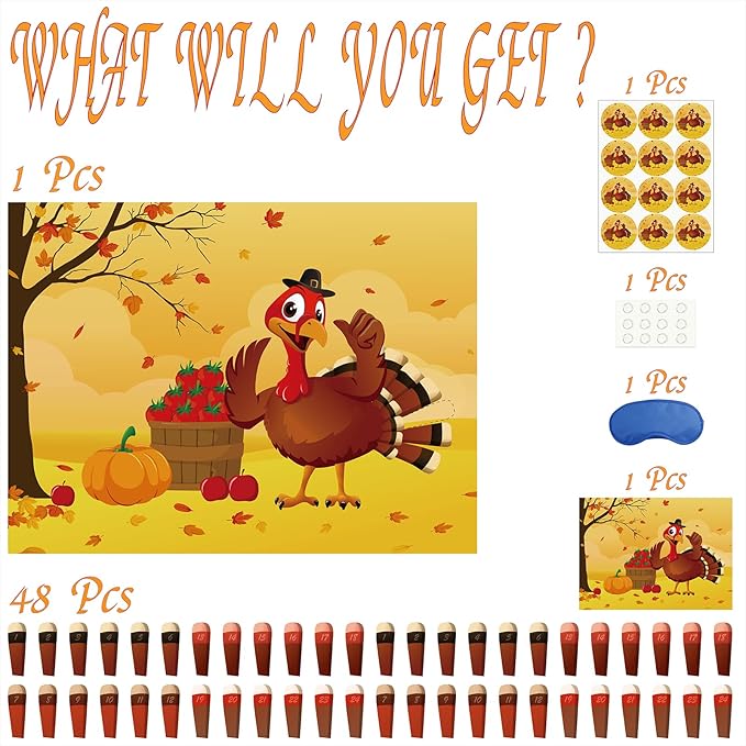 Morcheiong Pin The Tail on The Turkey Thanksgiving Game with 48 Tails, Thanksgiving Party Favors Activities Supplies Decorations for Kids