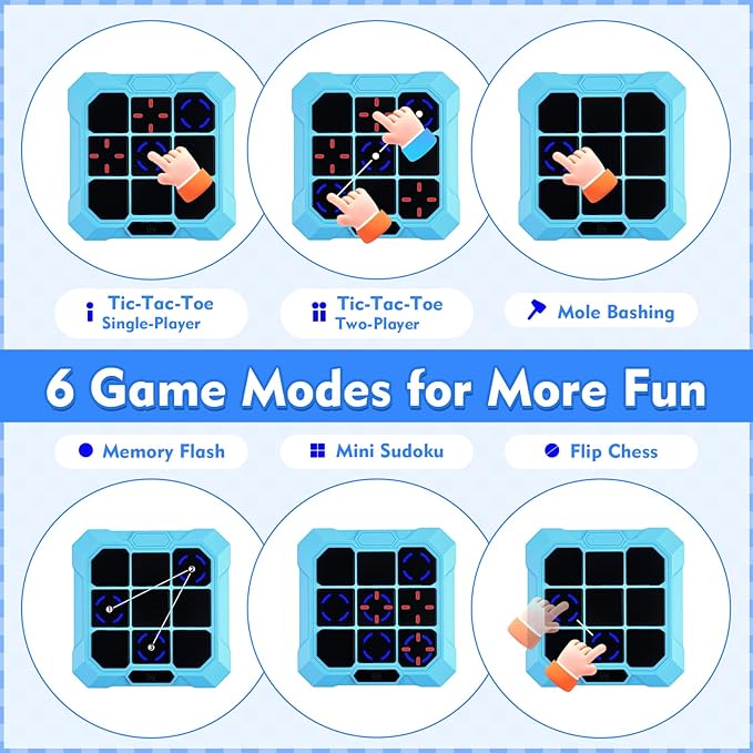 Tic Tac Toe Game, 6-in-1 Electronic Tic Tac Toe with Mute & Rechargeable - Handheld Travel Board Game for Kids Ages 4+, Adults, Family - Educational Learning Toy for Boys Girls，Blue