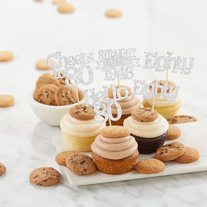 Ephlyn 24Pcs Happy 80th Birthday Cupcake Toppers Glitter Straight Outta 1946 Cupcake Picks Hello 80 Cheers to 80 Years Birthday Cake Decorations for 80th Birthday Anniversary Party Supplies Silver