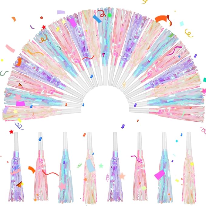 24 Pcs Party Blowers Glitter Iridescent Mermaid Unicorn Princess Noise Makers Metallic Fringed Horns Bulk for Graduation Birthday Favors Kids Decor(Pink, Purple, Blue, White)