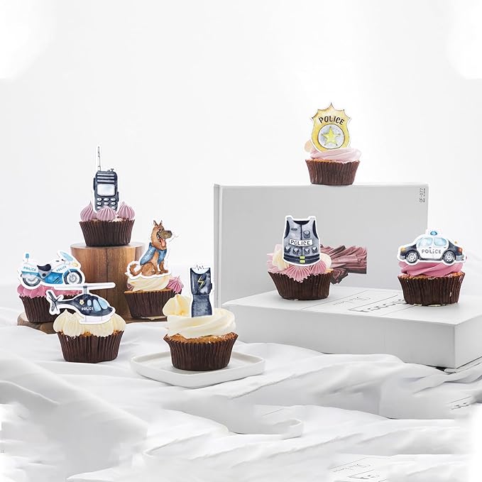 64 Pack Edible Police Cupcake Toppers Wafer Paper Selection Helicopter Car Dog Badge Uniform Gun Cupcake Picks for Police Themed Birthday Party Cake Decoration Supplies