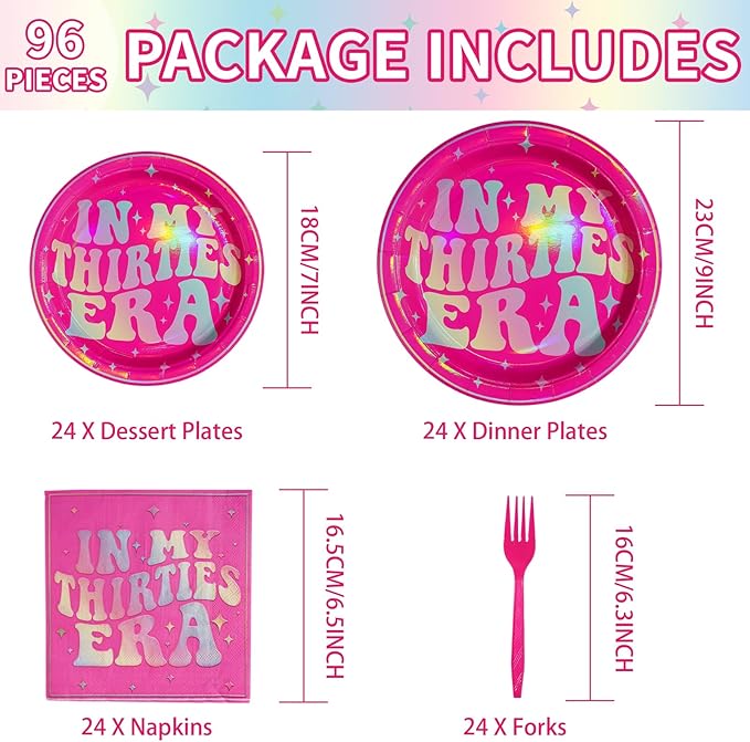 96Pcs In My Thirties Era Plates and Napkins 350GSM Holographic Rainbow 30th Birthday Decoration Hot Pink Tableware Set Singer In My Thirties Era Decoration for Fans Women 30th Birthday Party Serves 24