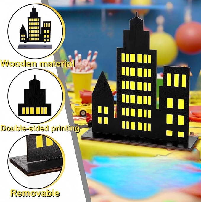 Geelin 6 Pcs Skyscraper Party Decorations Hero Party Decorations New York City Wood NYC Centerpieces City Skyline Building Decor for Comic Birthday Favors Supplies(Solid Style,Black, Yellow)