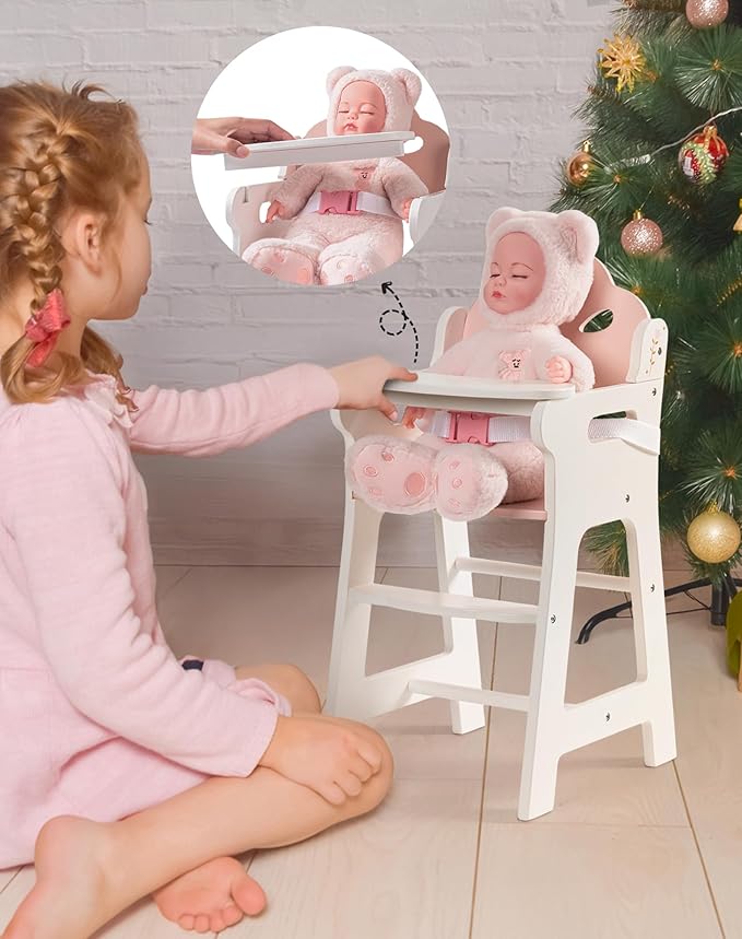 ROBUD Baby Doll High Chair, Pretend Play High Chair with Seat Belt, White Wooden Baby Doll Accessories with Movable Tabletop, Fits 18-20 Inch Dolls, WRP27