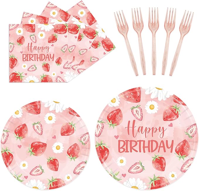 96Pcs Strawberry Paper Plates &Napkins Party Supplies-Disposable Strawberry Birthday Party Sweet Baby Shower Pink Fruit Tableware Decoration for Girls Berry Baby Decorations Favors Serves 24