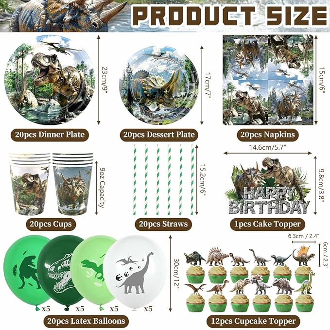 Dinosaur Birthday Party Supplies Kit for Boys, Dino Birthday Decorations-20 Guest-Include Plates, Napkins, Cups, Tablecloth, Backdrop, Balloons, Cake Topper, Tableware