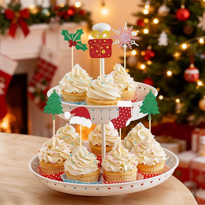 Christmas Cupcake Toppers Cake Decorations, 24 PCS Merry Christmas Cake Topper, Glitter Stockings Snowflake Xmas Tree Decorative Cupcakes Ficks Food Picks for Xmas Holiday Party Decoration Supplies