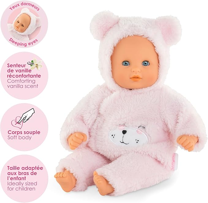 Corolle My First Baby Doll Cuddly Teddy Bear - 12" Soft Boy Baby Doll with Vanilla Scent, Pink Bear Outfit & Sleeping Eyes for Girls, Cute Reborn Realistic Baby Dolls for 2 Year Old Girls
