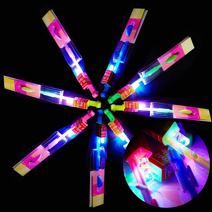 WELLVO 60Pcs Rocket Helicopter with LED Lights 30 Launchers + 30 Glow Rocket Helicopters Glow in The Dark Party Supplies Flying Outdoor Toys Party Favors for Kids 8-12,4-8