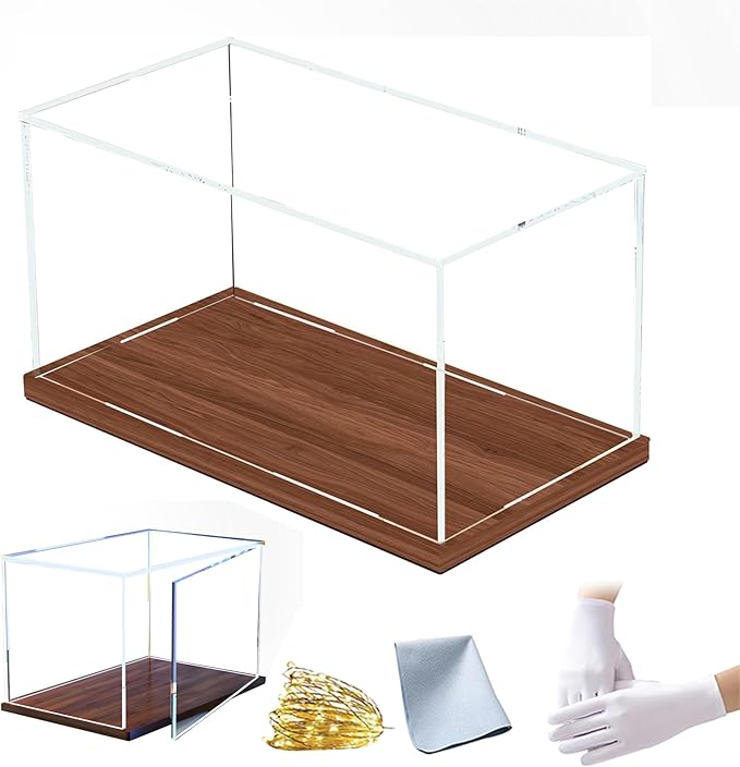 Thickened Clear Acrylic Display Case Box with Wood Base Transparent Protection Showcase Organizer Self-Assembly Dustproof for Collectibles Toys, 4x4x14in(Length x Width x Height)