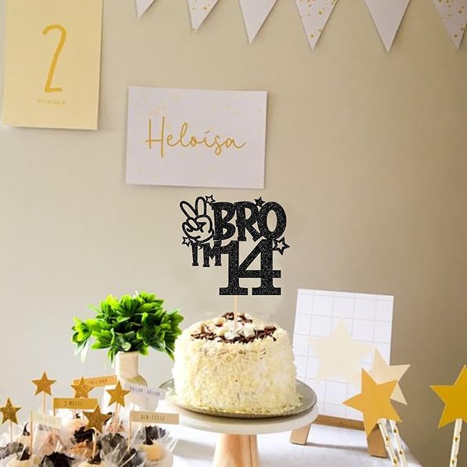 1 PCS Brother I'm 14 Cake Topper Glitter Star Happy 14th Birthday Cake Pick Bro I'm 14 Cake Decoration It's My 14th Birthday Decorations for Boys Cheers to 14 Years Old Birthday Party Supplies Black