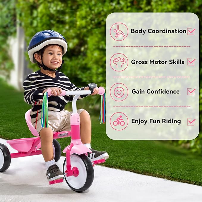Liberry Toddler Tricycle Age 2 3 4 Years Old, Kids Trike with Bell, Back Basket and Removable Pedal, 3 Wheel Bike Birthday Toys Gift for Girls Boys, Pink