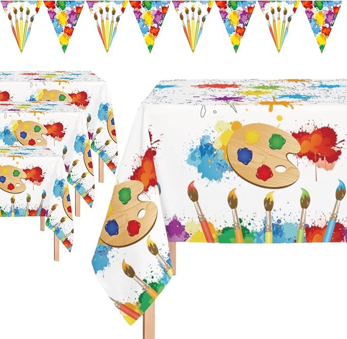 Oojami 3 Pack Artist Plastic Tablecloth, 54" x108", with 2 Pennant Banners Ideal for Art Themed Party Supplies, Artist Themed Birthday Party Decorations, Artist Themed Painting Supplies Table Covers