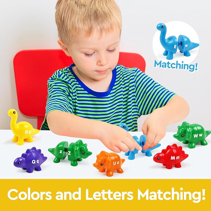 Alphabet Dinosaurs Matching Toy, Toddlers ABC Learning Dinosaurs with Uppercase Lowercase, Match and Snap Fine Motor Game Preschool Learning Activities Exchange Birthday Gifts for Kid Boys & Girls