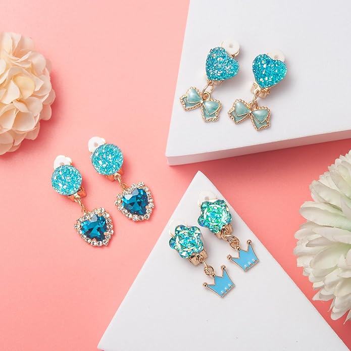 Clip on Earrings for Girls, 16Pcs Kids Clip on Earrings for Little Girls Dangle Stick on Earring Party Favor, Toddler Earring Princess Pretend Play Dress up Jewelry Gifts