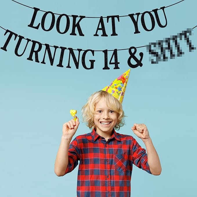 Black Glitter Look at You Turning 14 & Sh*t Banner, Happy 14th Birthday/Level 14 Unlocked/Cheers to 14 Years, Funny 14th Birthday Party Decorations Supplies