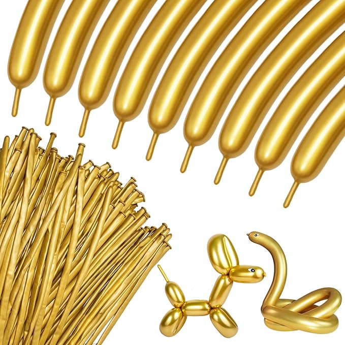 100Pcs 260 Balloons Metallic Gold Long Balloons for balloon animals, Gold Skinny Latex Twisting Balloon for Animals Modeling Christmas Birthday Wedding Party Decorations. (Gold)
