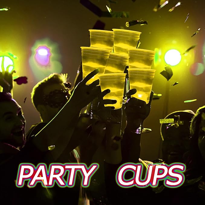 Glow in The Dark Yellow Party Cups 40 Pack (16 oz) - LED Light Up Plastic Cups for Summer BBQs Lemon Themes Birthdays, Neon Bright Drinking Cups for Sports Events Camping & Festival Decorations