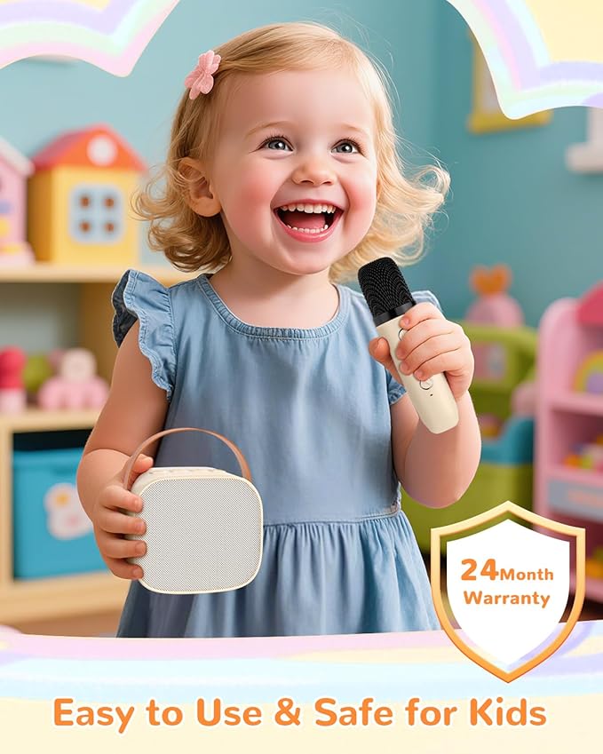 Mini Karaoke Machine for Kids Gifts for Girls Boys with 2 Wireless Microphones,4 Magic Voices,Portable Design for Indoor Outdoor Party Singing Fun,Birthday Christmas Toys for Children 3-12 Beige