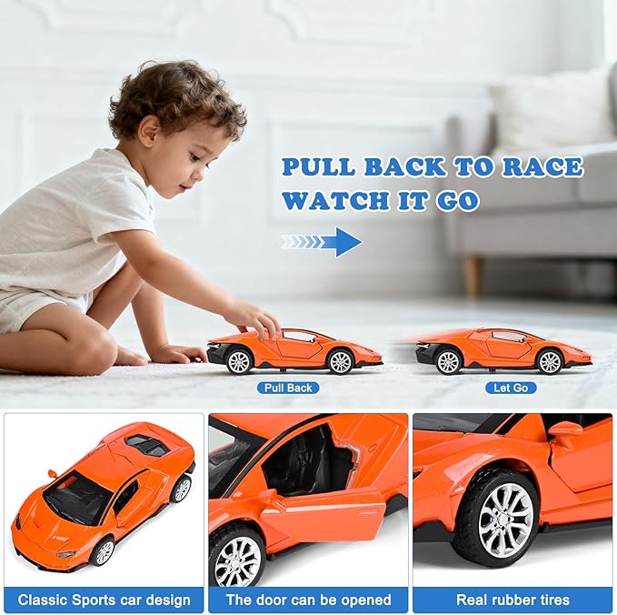 4 Pack Toy Cars,1/36 Metal Diecast Cars Toy with Opening Doors Kid Pull Back Cars Toys Set,Boy Toy Car for Age 3 4 5 6 7 8 9 10 11 12
