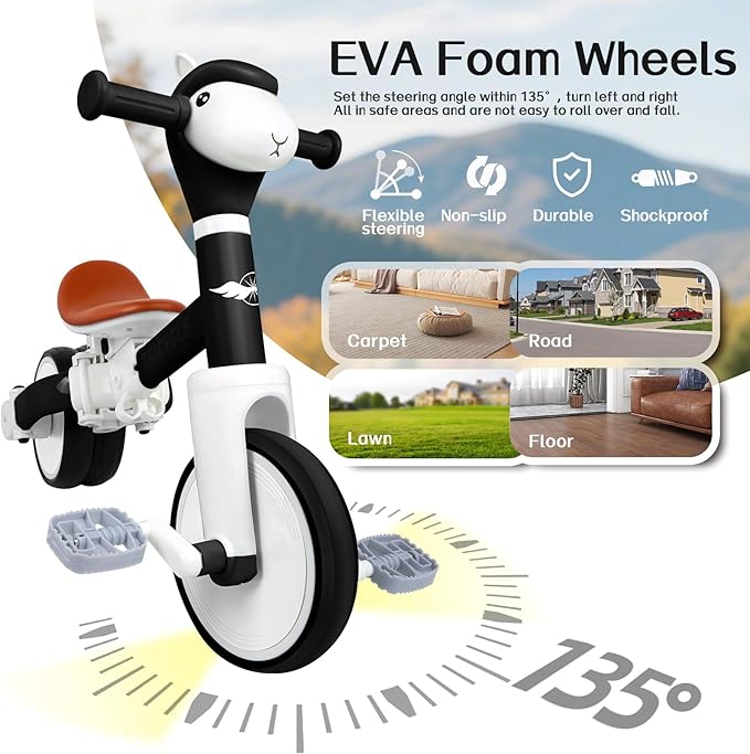 Toddler Balance Bike with Light & Music, Tricycle for Toddlers 1-5 Year Olds, Toddler Tricycle for Boys Girls, Kids Bicycle with Removable Pedal, Birthday Gifts for 1 2 3 4 5 Year