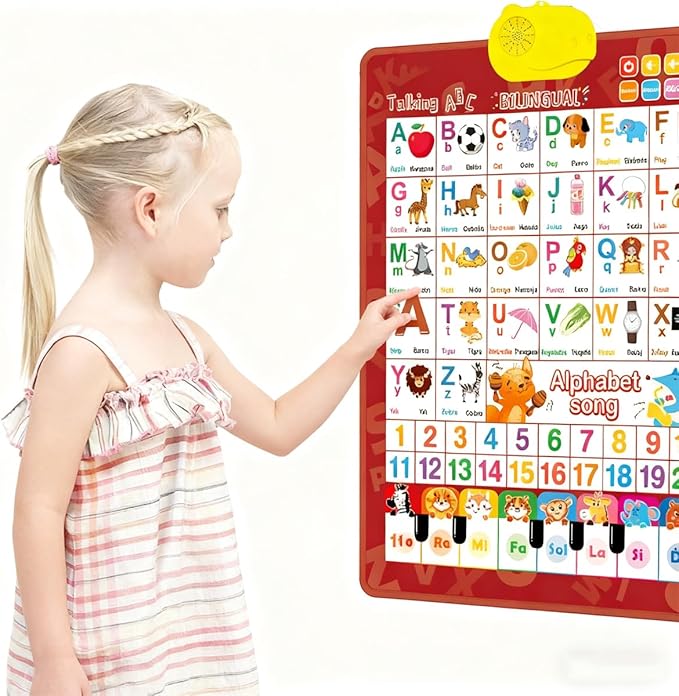 Bilingual Interactive Wall Chart for Kids – English & Spanish ABC Song Poster with Sound Effects, Alphabet, Numbers, Animal Words & Piano for Toddlers 1-6 (Red)