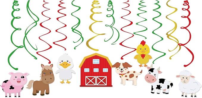 30Pcs Farm Animal Hanging Swirl Decorations Farm Animal Theme Ceiling Whirl Hanging Decorations Barnyard Party Supplies Barn Yard Ceiling Swirls for Zoo Farmhouse Theme Birthday Party Decor