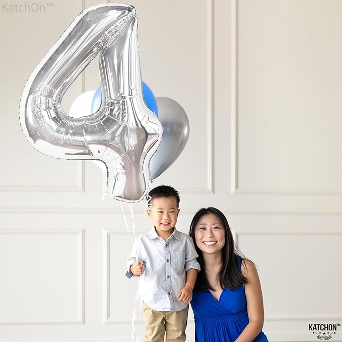 KatchOn, Big Silver Number 4 Balloons - 40 Inch | Silver 4 Balloon Number, 4 Year Old Birthday Decorations | Silver Number Balloons | 4 Number Balloons
