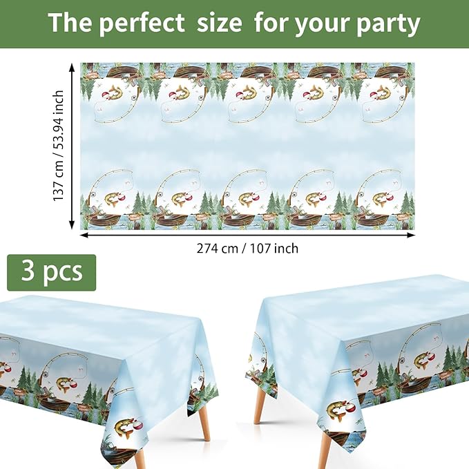 3Pcs Gone Fishing Party Tablecloth Fishing Birthday Plastic Table Cover Waterproof Little Fisherman Baby Shower Disposable Table Cloth for Ofishally One Retirement Party Decorations, 54 x 108 Inch