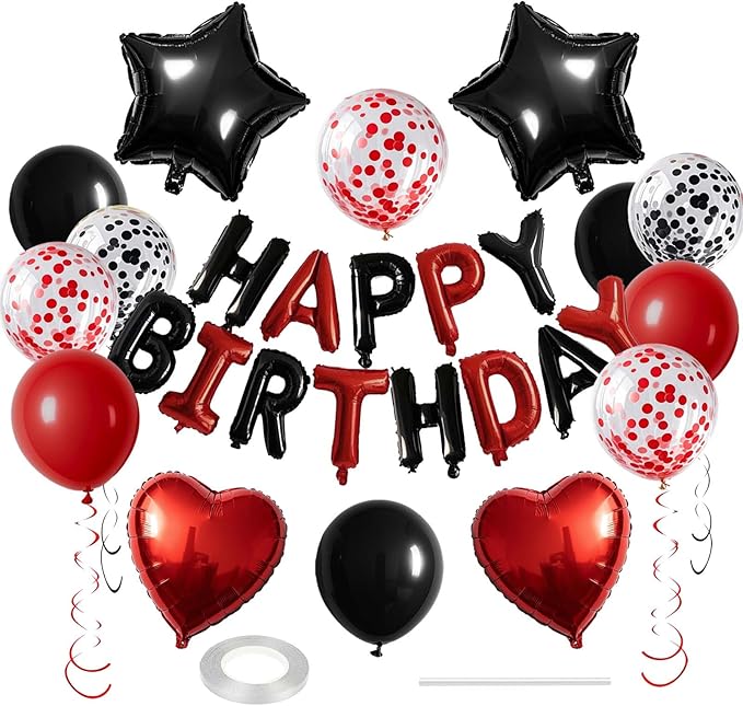 27 Pcs Black Red Birthday Decorations, 3D Letters Black Red Happy Birthday Balloon Banner, Pentagram Heart Foil Balloons Confetti Balloons Kit For Boys Girls Party Supplies