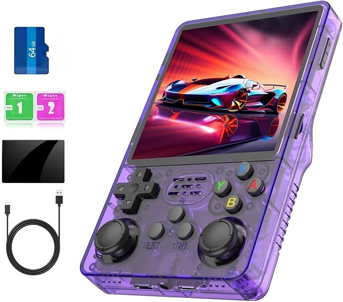 R36Plus Retro Handheld Gaming Console, Portable Retro Game Console,4.0" IPS Screen, Support 15000+ Games/26+ Emulator, Handheld Emulator(Transparent Purple/64G)