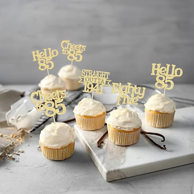 Ephlyn 24Pcs 85th Birthday Cupcake Toppers Glitter Straight Outta 1941 Cupcake Picks Hello 85 Cheers to 85 Years Cake Decorations for 85th Birthday Anniversary Party Decorations Supplies Gold