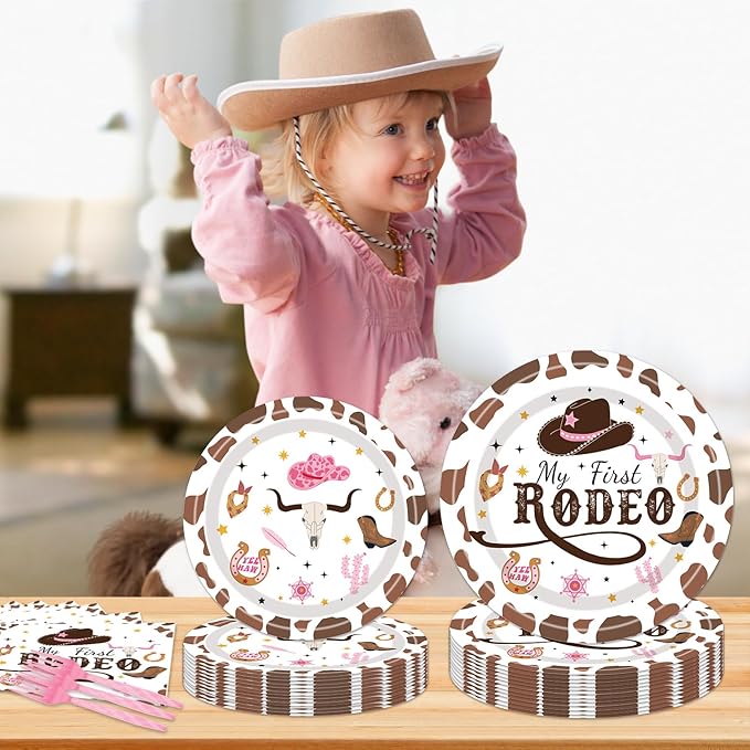 96PCS My First Rodeo Plates and Napkins Party Supplies Cowgirl Birthday Party Decorations Western Cowgirl Rodeo Disposable Tableware Set for 1st Birthday Serve 24 Guests