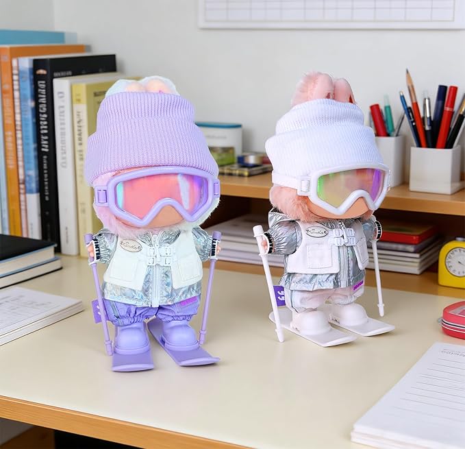 17cm Doll Clothes and Accessories Set for Lububu- Winter Snow Themed Ski Outfits with Mini Hat, Jacket, Pants, Poles, Goggles & Skis, Designer Clothing for Doll Dress-Up and Display(White)