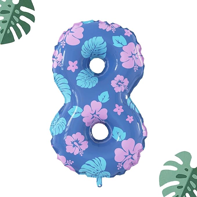 40 Inch Number 8 Balloon Leaf and Flower Birthday，8th Birthday Decorations for Kids' Parties Hawaii Party Supplies Favor Pink and Blue