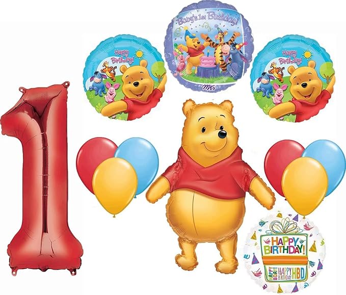 Anagram Pooh's 1st Birthday Party Supplies 12pc Balloon Bouquet Decorations